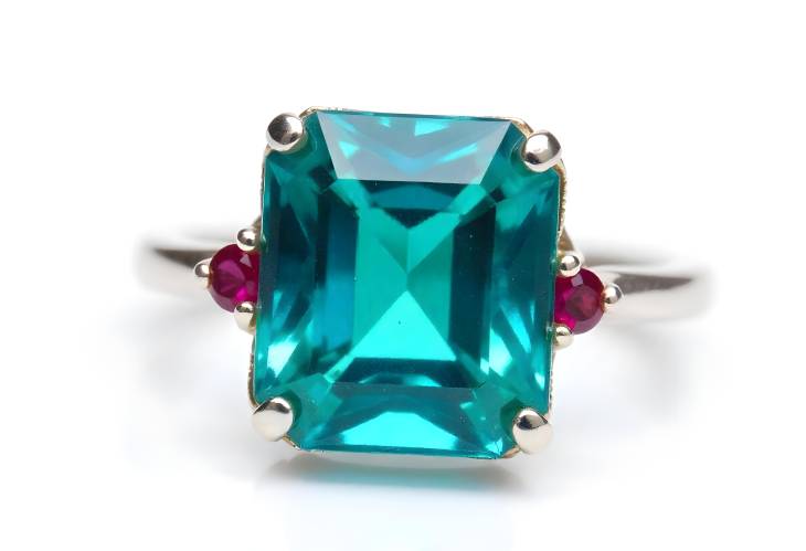 Elegant Asscher Cuts Blue Sapphire, Green Emerald, and Red Ruby